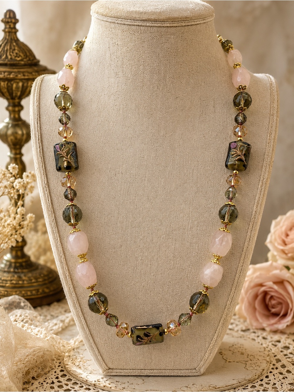Rose Garden 24 inch hand knotted Rose Quartz lamp work Aprilsplace
